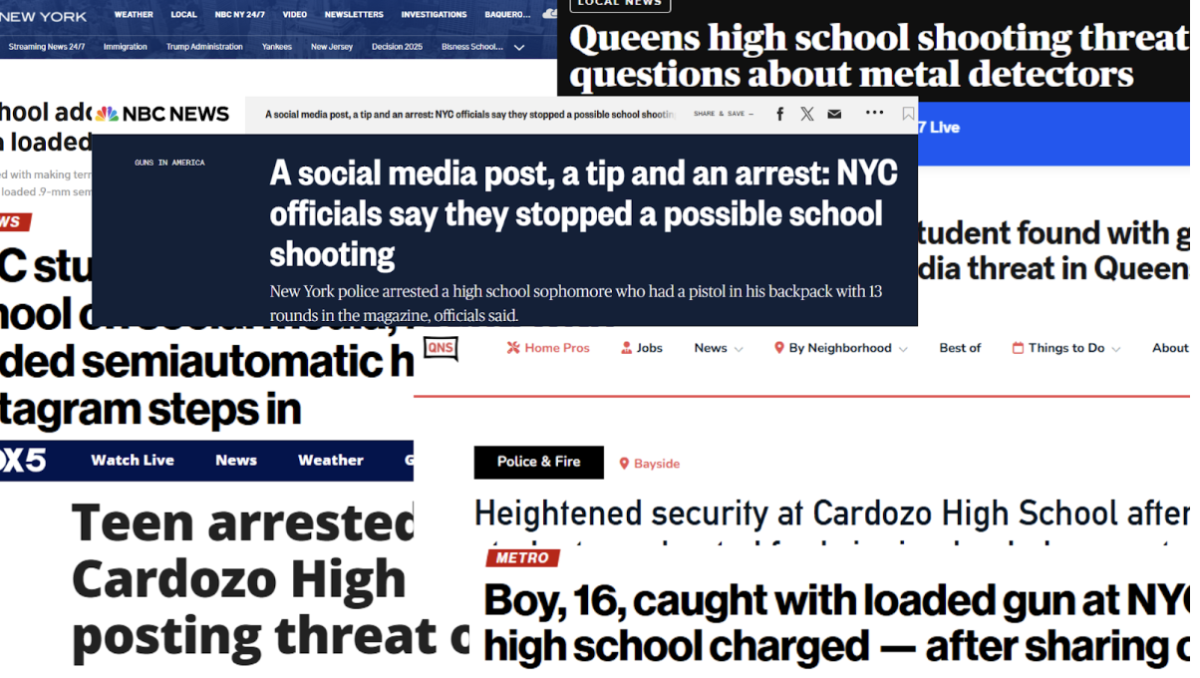 After Mayor Adams' press conference on Sept. 18, local and national media outlets swarmed to cover Cardozo High School's story. Collage created via Canva.